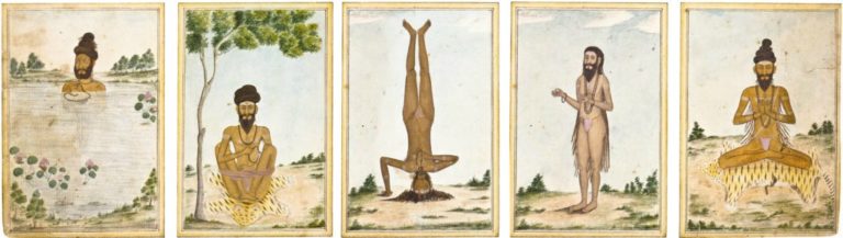 Illustration d'ascètes dans des postures rappelant celles du yoga